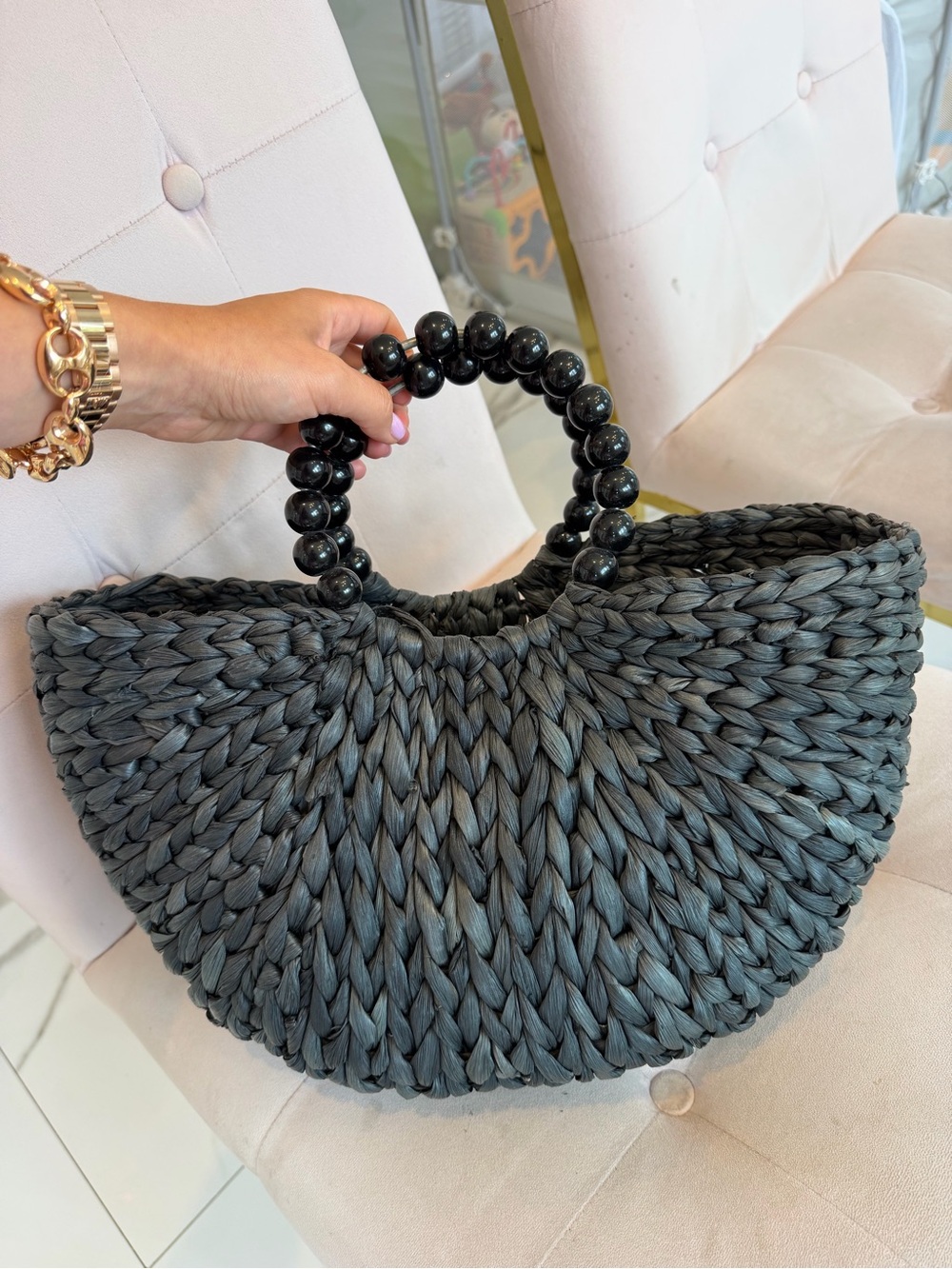 Sold Out Zara Woven Black Half-Moon Handbag with Beaded Handles